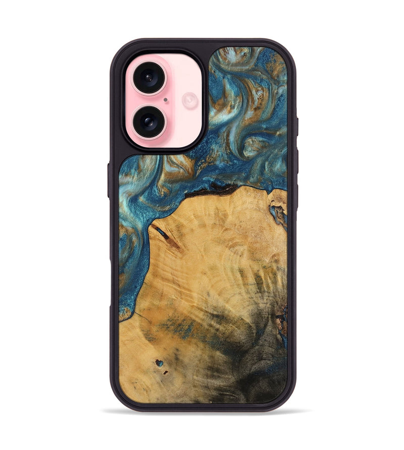 iPhone 16 Wood Phone Case - Sarah (Teal & Gold, 753688)