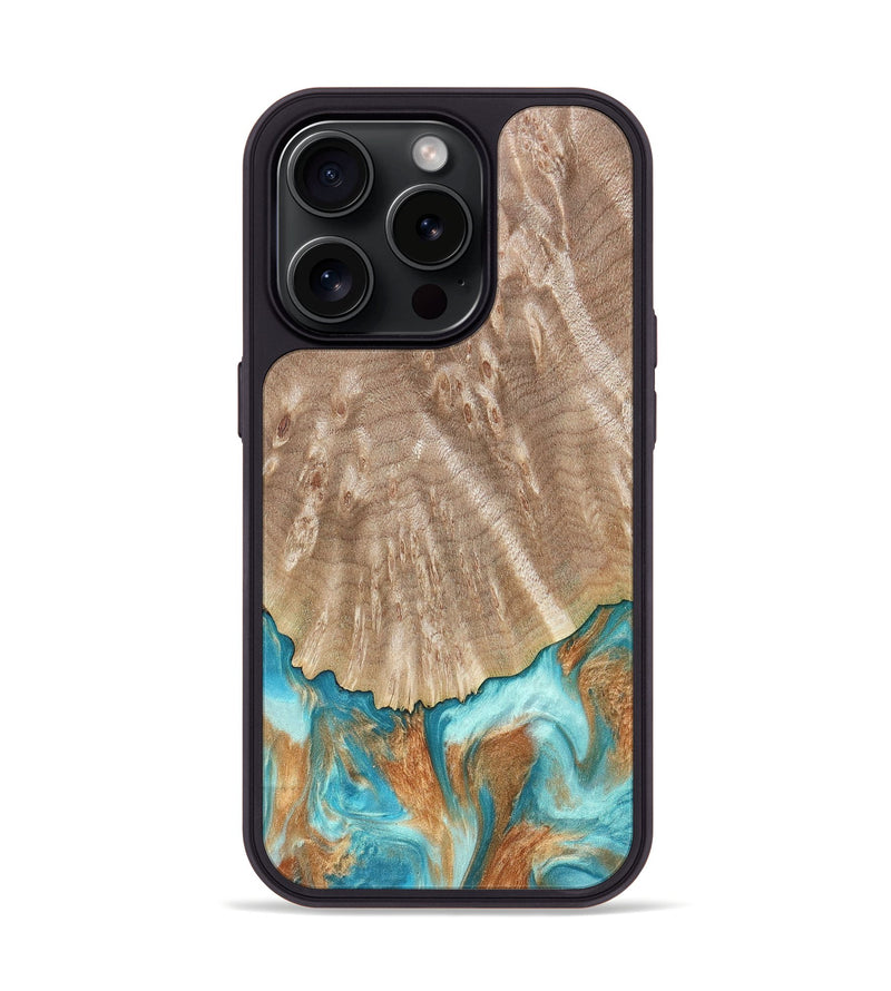 iPhone 15 Pro Wood+Resin Phone Case - Derek (Teal & Gold, 661128)