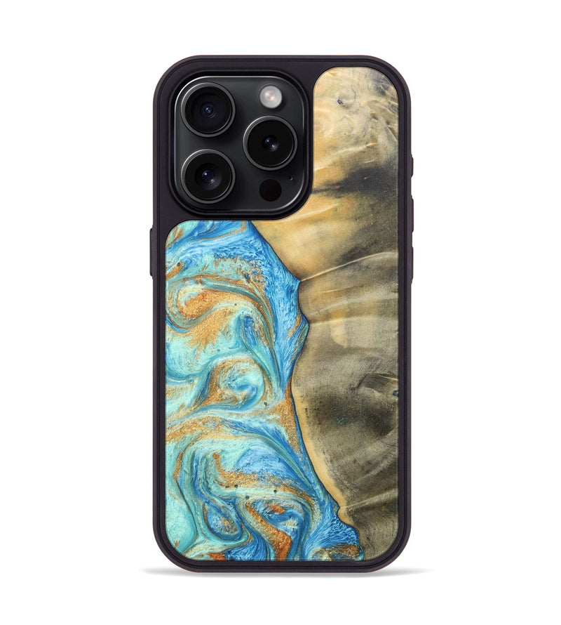 iPhone 15 Pro Wood+Resin Phone Case - Malik (Teal & Gold, 686585)