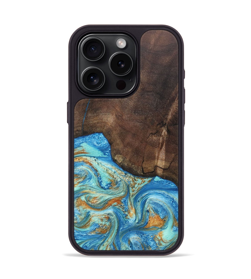 iPhone 15 Pro Wood+Resin Phone Case - Aiden (Teal & Gold, 686590)