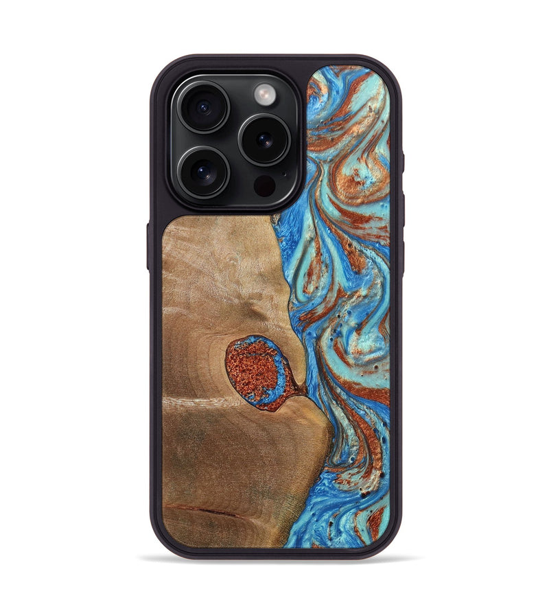 iPhone 15 Pro Wood+Resin Phone Case - Nataly (Teal & Gold, 688923)
