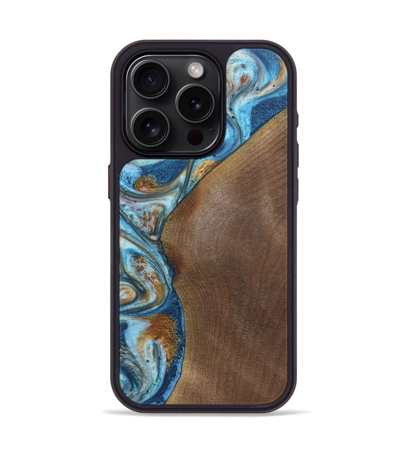 iPhone 15 Pro Wood+Resin Phone Case - Lance (Teal & Gold, 688928)