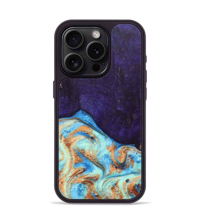 iPhone 15 Pro Wood+Resin Phone Case - Roosevelt (Teal & Gold, 688930)