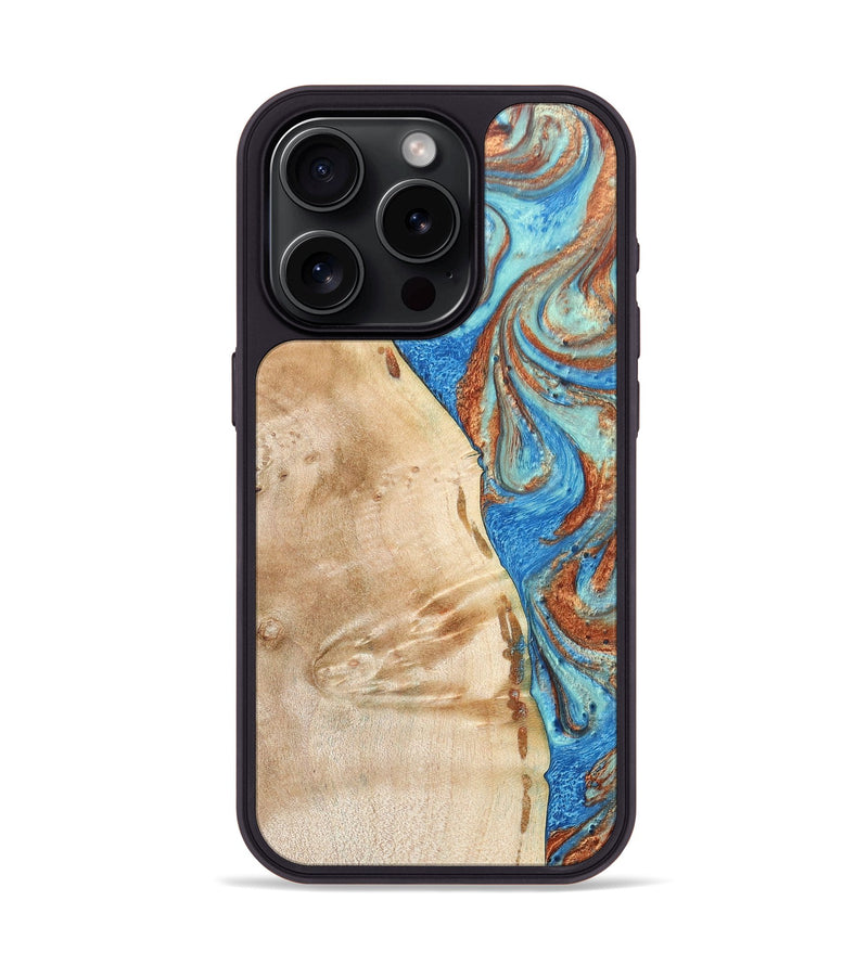 iPhone 15 Pro Wood+Resin Phone Case - Malik (Teal & Gold, 688933)