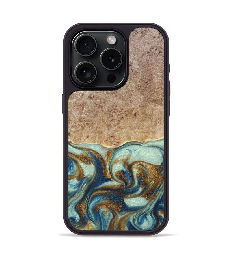 iPhone 15 Pro Wood+Resin Phone Case - Brandy (Teal & Gold, 691566)