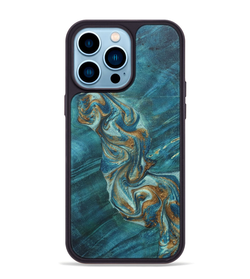 iPhone 14 Pro Max Wood+Resin Phone Case - Kyla (Teal & Gold, 692845)