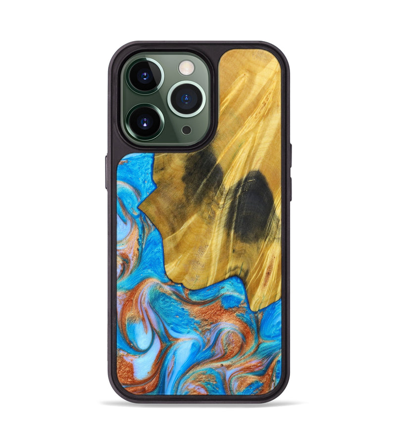 iPhone 13 Pro Wood+Resin Phone Case - Helga (Teal & Gold, 633629)